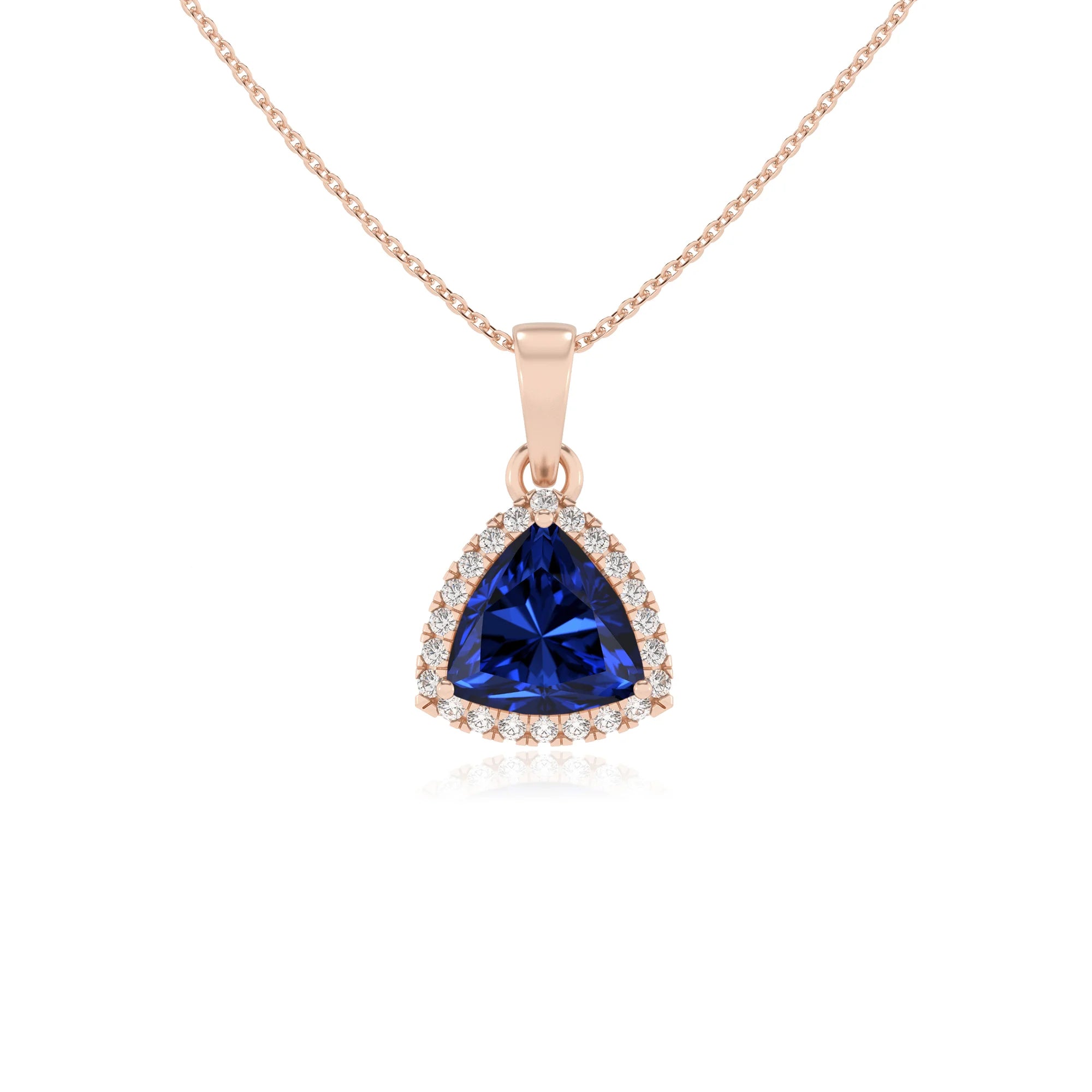 lab grown blue-sapphire trillion solitaire necklaces in rose gold