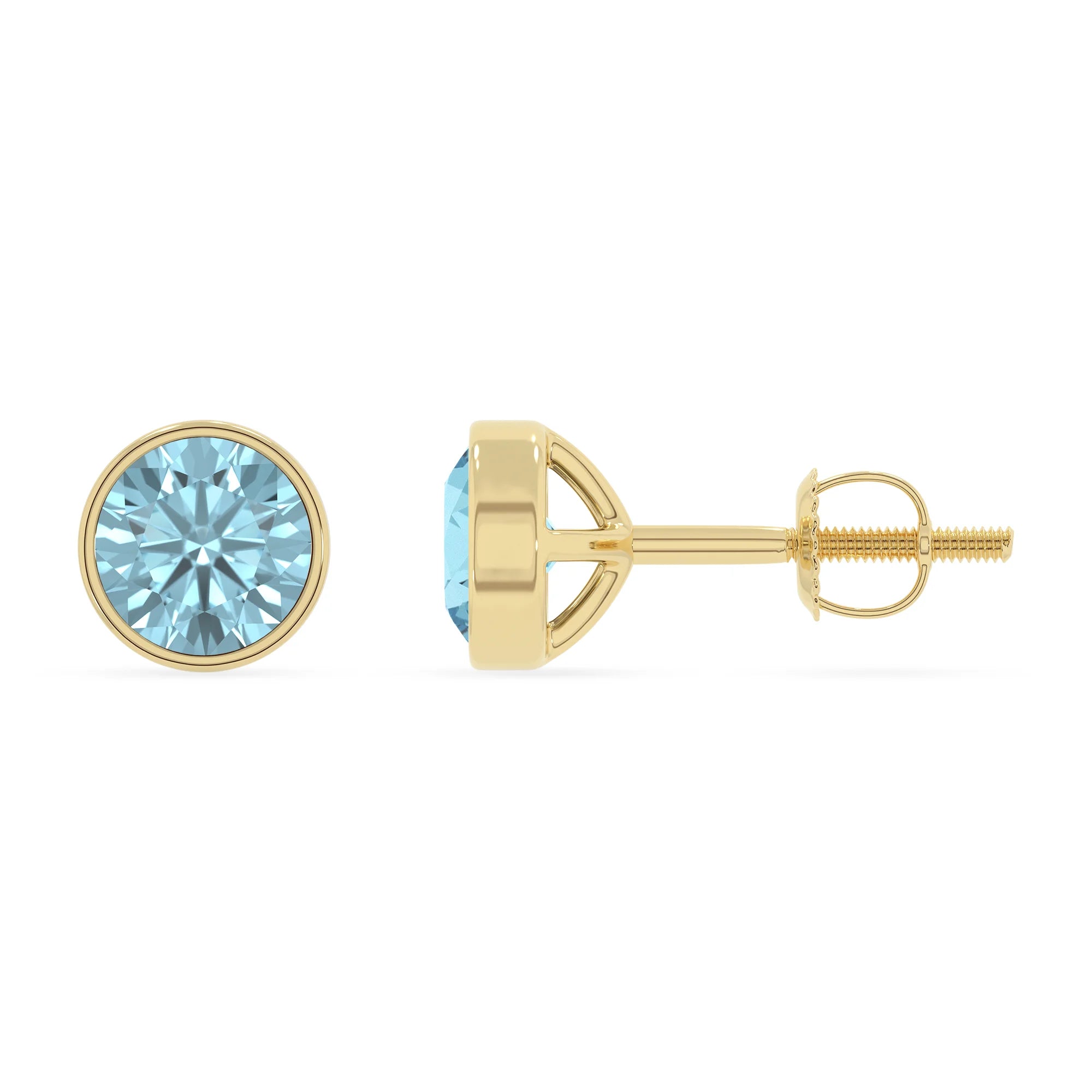 lab grown aquamarine round stud earrings in yellow gold