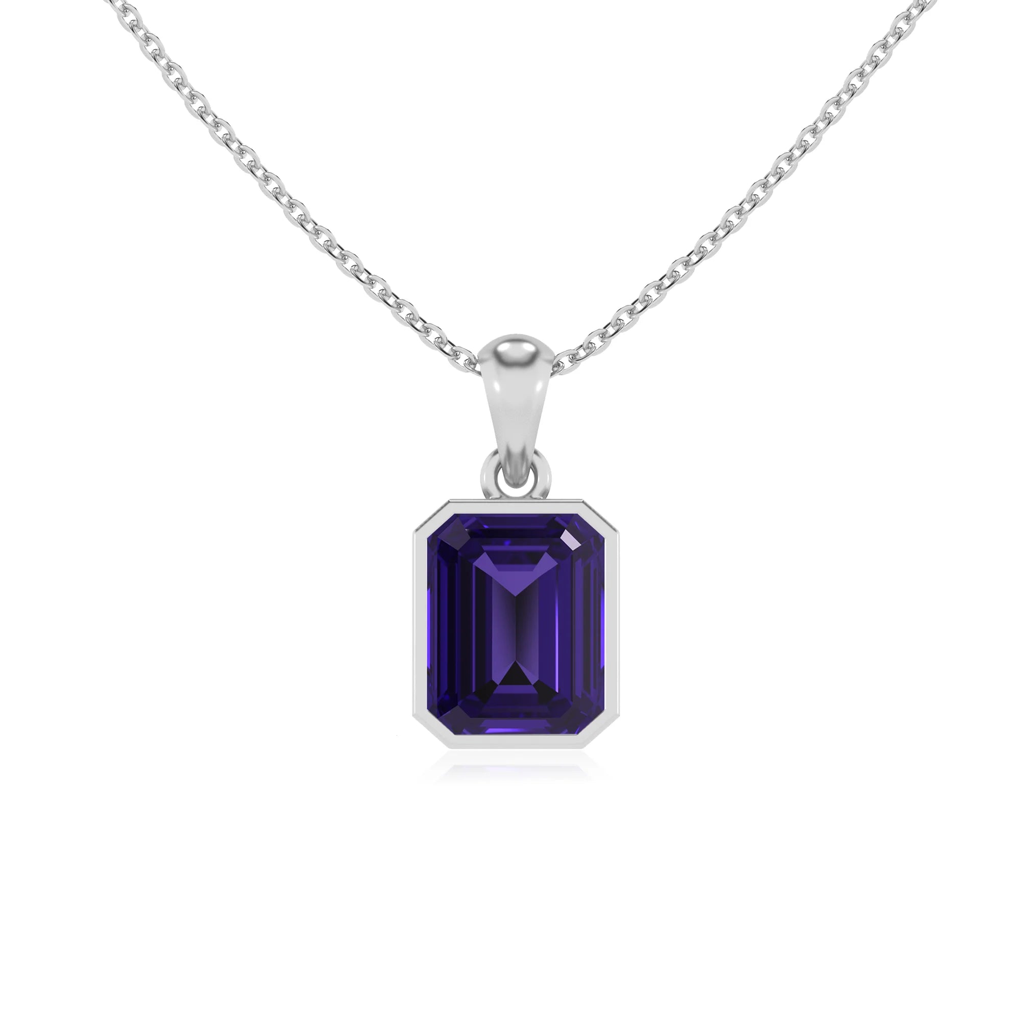 lab grown tanzanite emerald cut solitaire necklaces in sterling silver