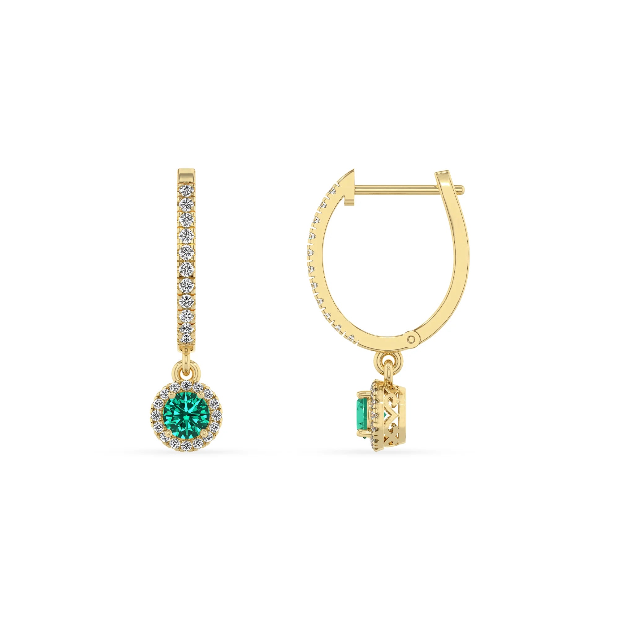 lab grown emerald round drop earrings in yellow gold