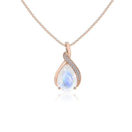 natural rainbow-moonstone pear solitaire necklaces in rose gold