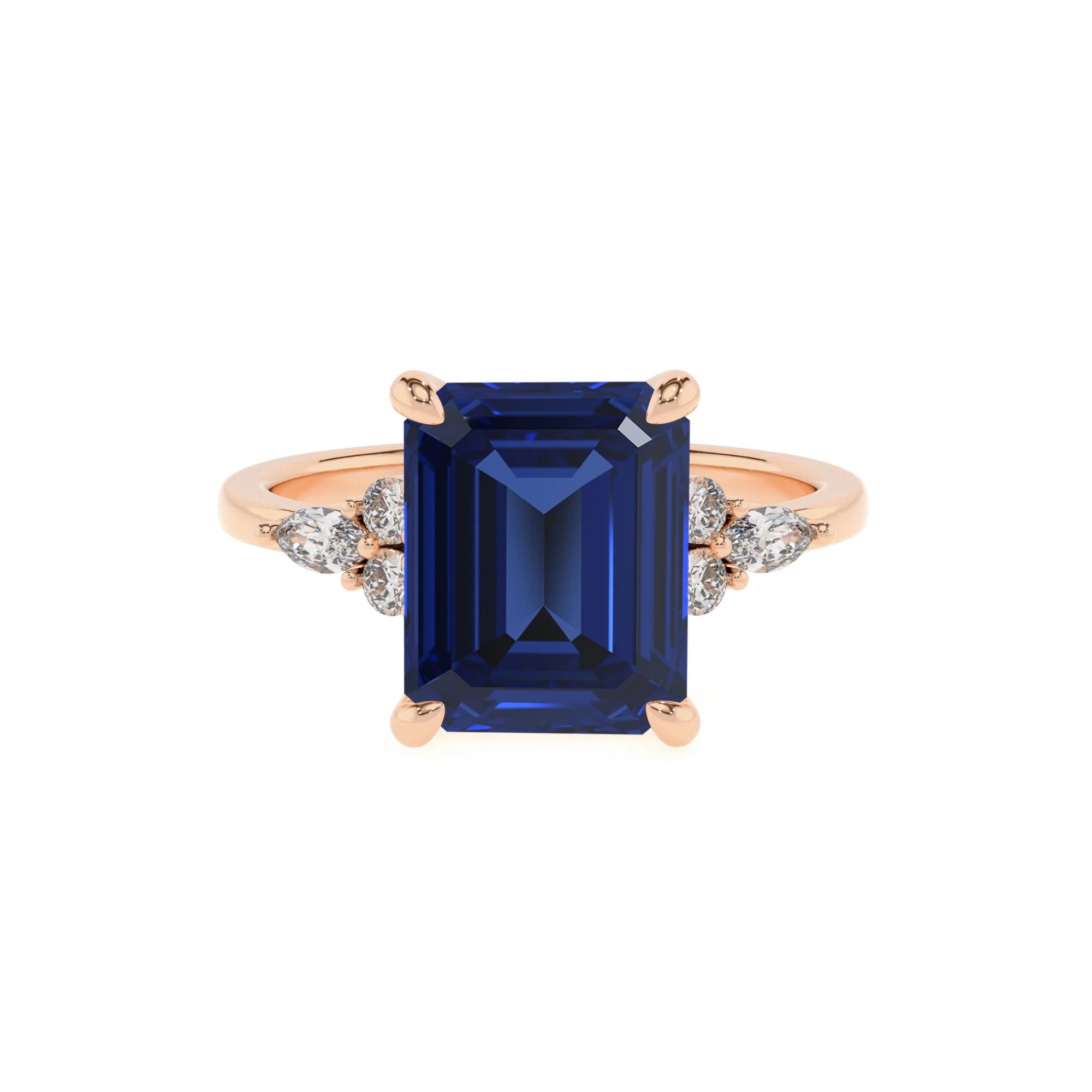 lab grown blue-sapphire emerald cut solitaire rings in rose gold