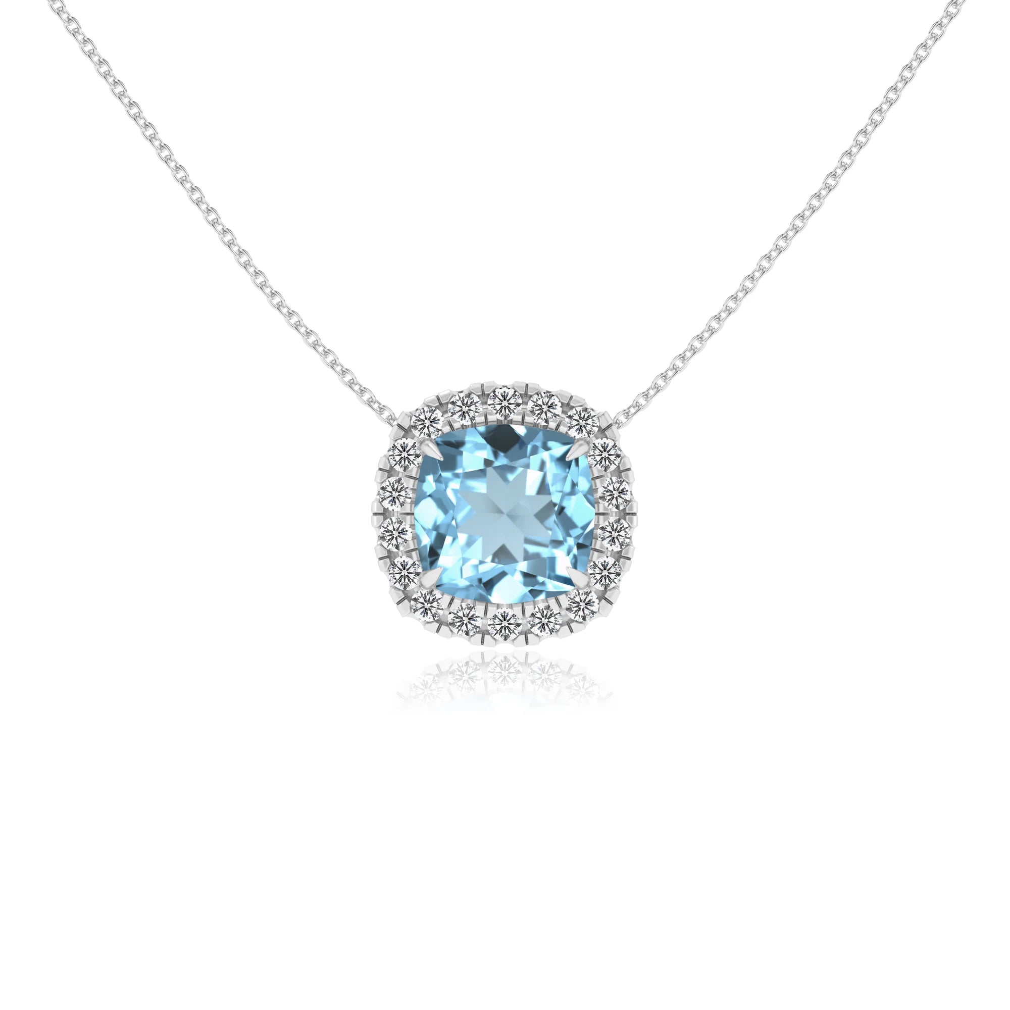 lab grown aquamarine cushion solitaire necklaces in white gold