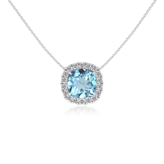 lab grown aquamarine cushion solitaire necklaces in white gold