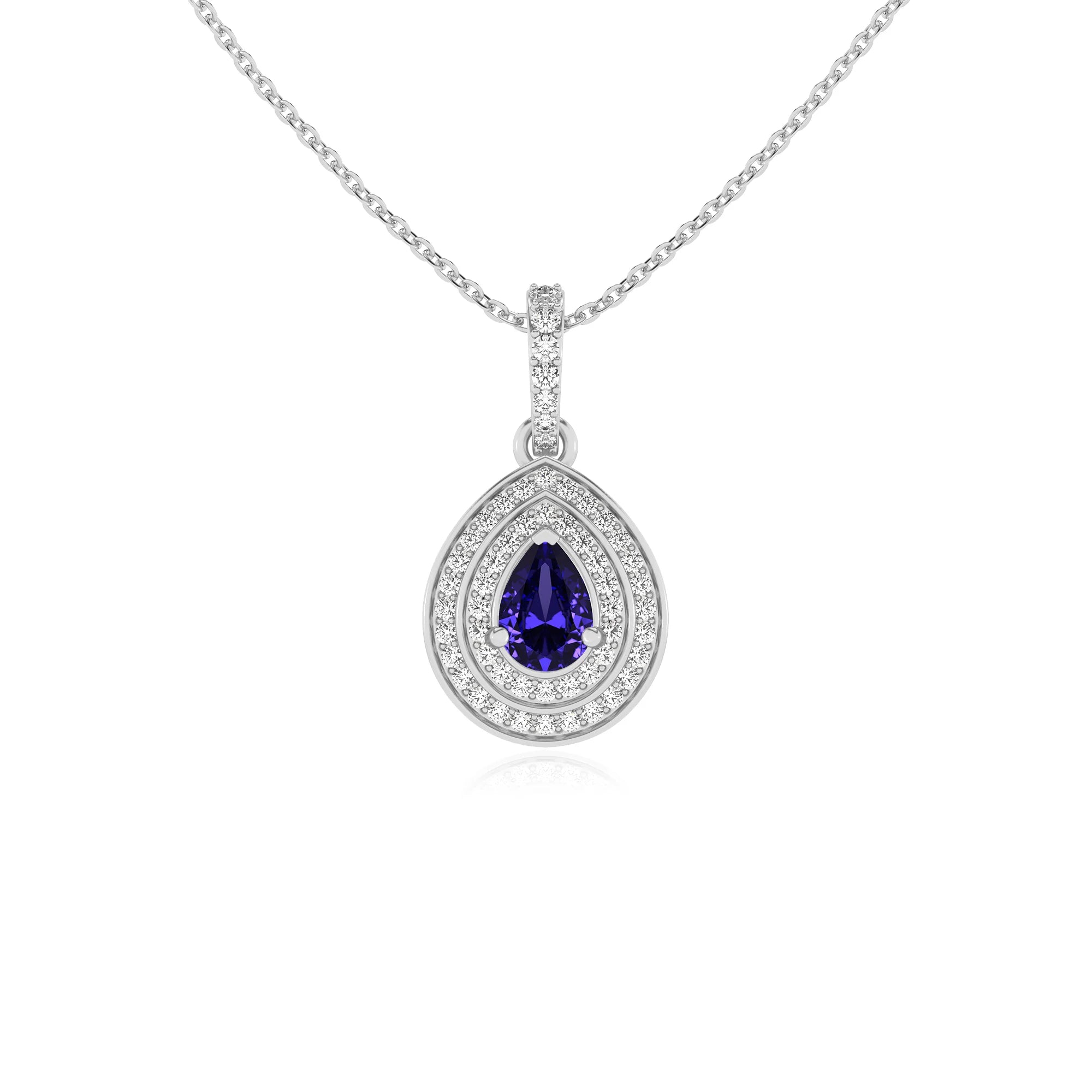 lab grown tanzanite pear halo necklaces in white gold