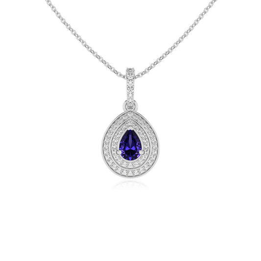 lab grown tanzanite pear halo necklaces in white gold