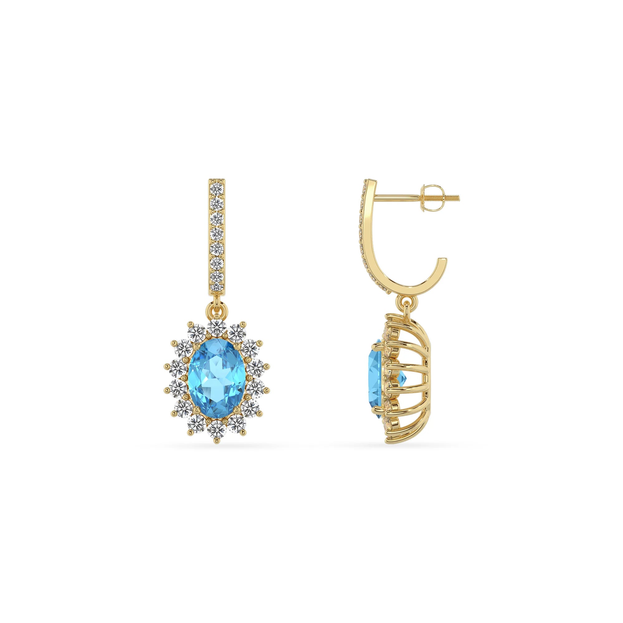 natural swiss blue topaz oval drop earrings in yellow gold
