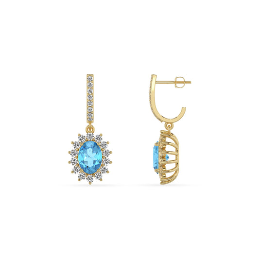 natural swiss blue topaz oval drop earrings in yellow gold