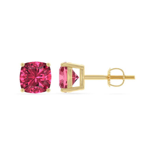 lab grown pink tourmaline cushion stud earrings in yellow gold