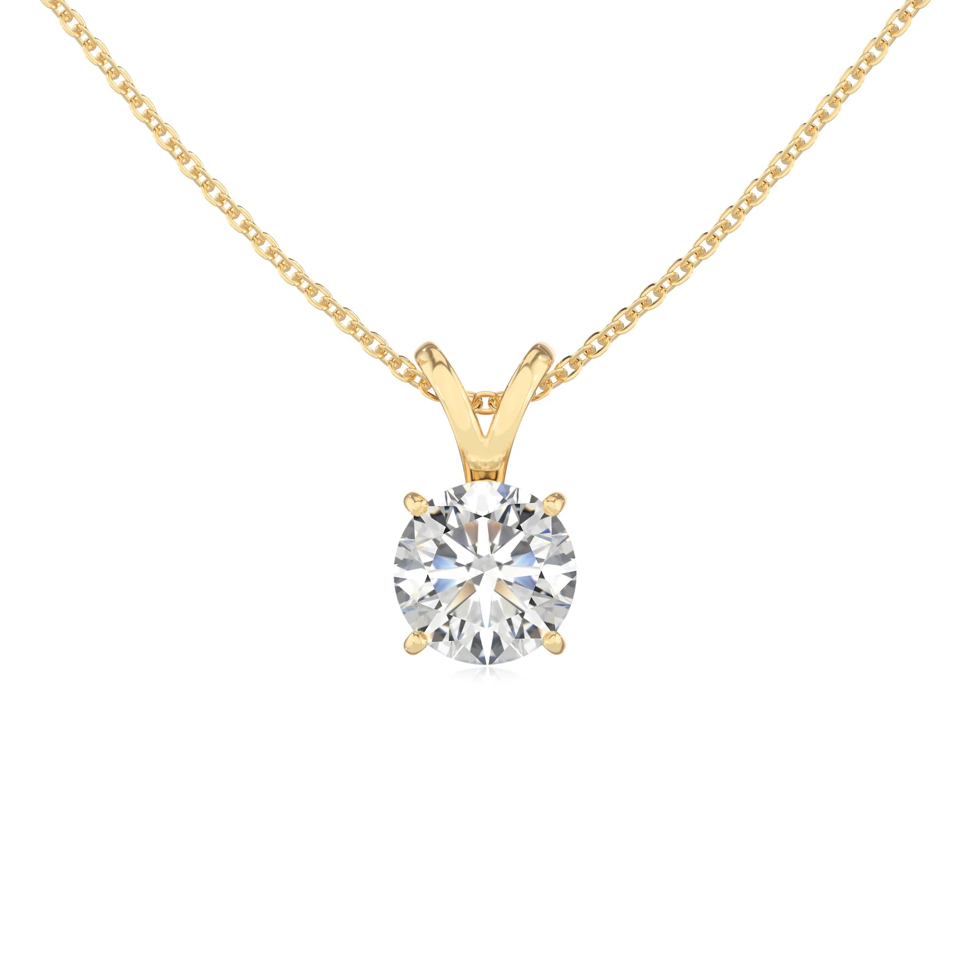 lab grown moissanite round solitaire v-bale necklaces in yellow gold