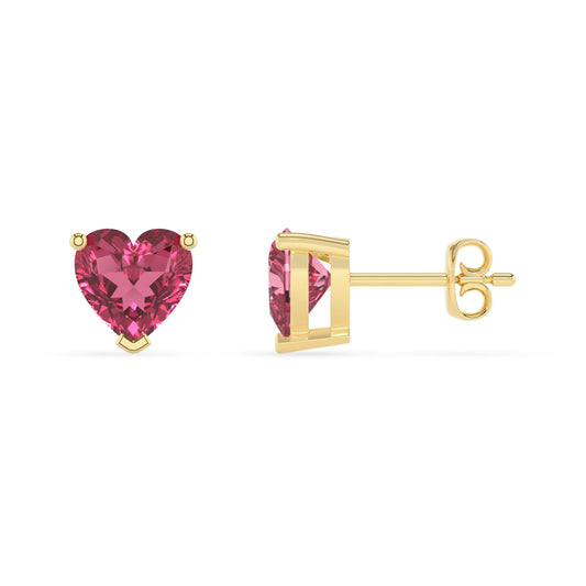 lab grown pink tourmaline heart stud earrings in yellow gold