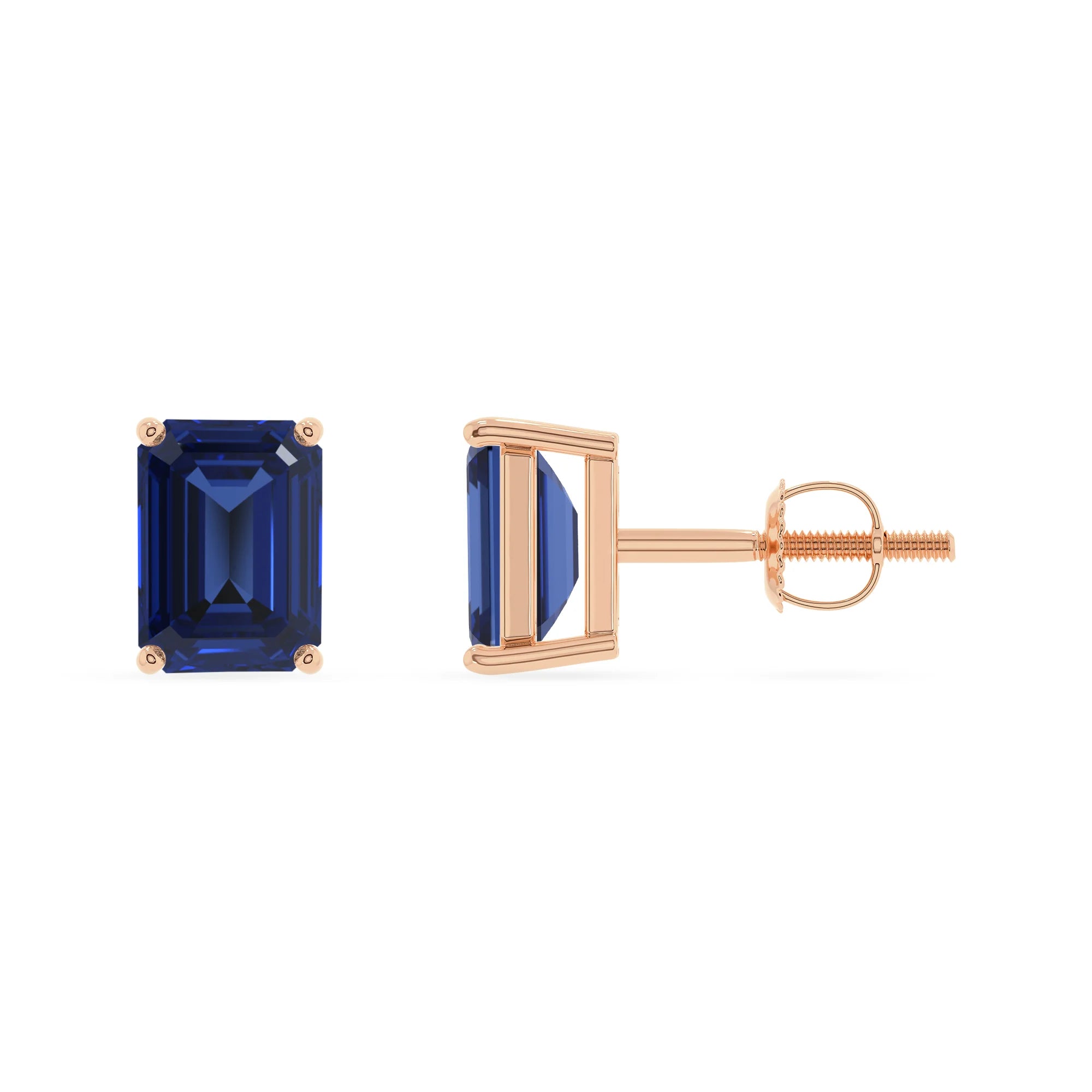 lab grown blue sapphire emerald cut stud earrings in rose gold