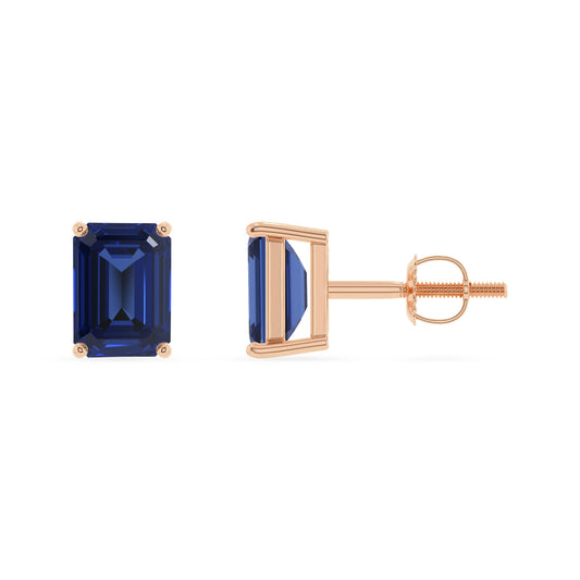 lab grown blue sapphire emerald cut stud earrings in rose gold