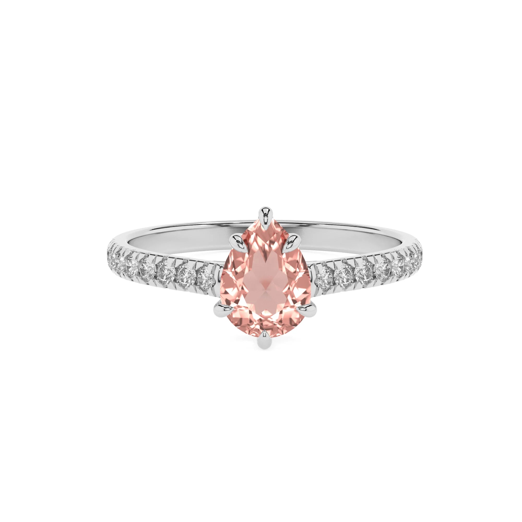 lab grown morganite pear half eternity solitaire engagement rings in platinum