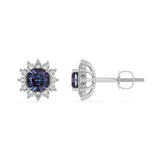 lab grown alexandrite cushion stud earrings in sterling silver