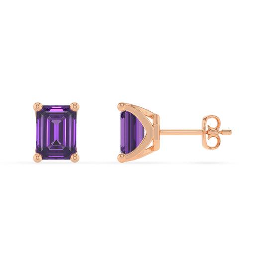 lab grown amethyst emerald cut stud earrings in rose gold