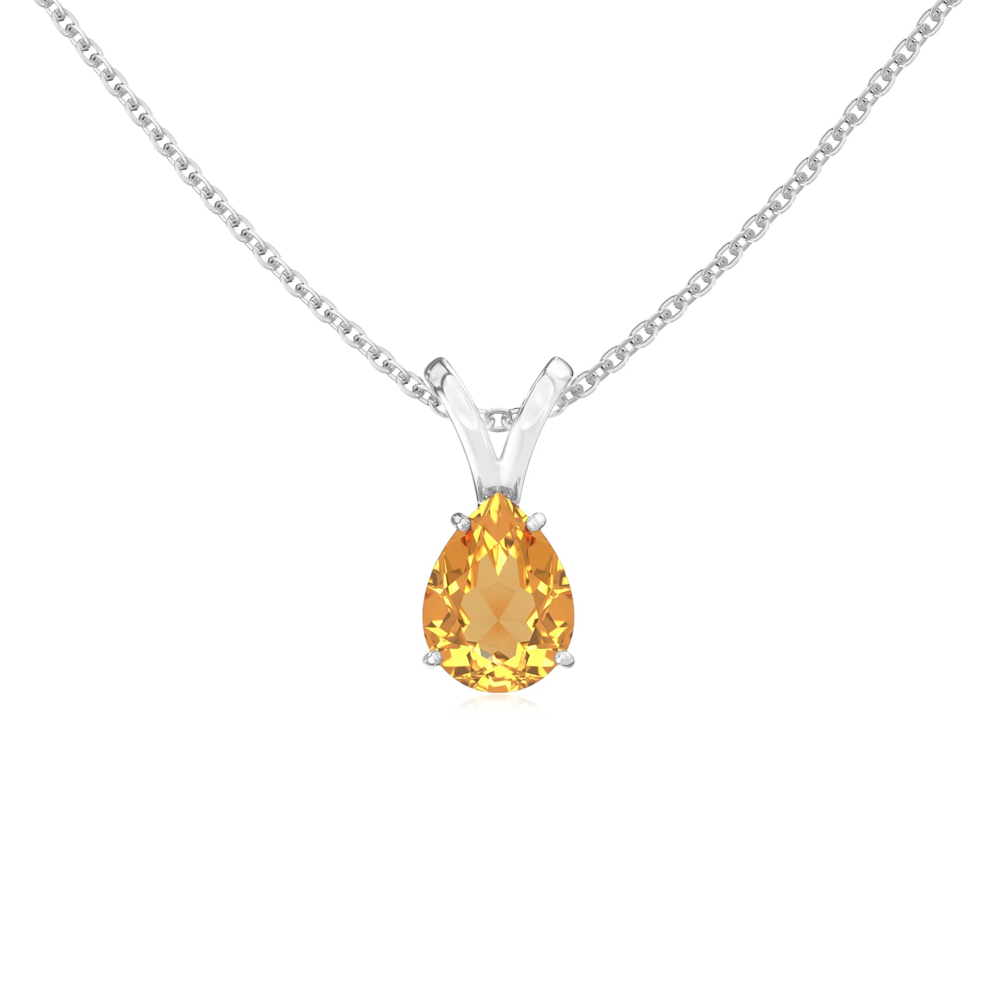 lab grown citrine pear solitaire v-bale necklaces in sterling silver