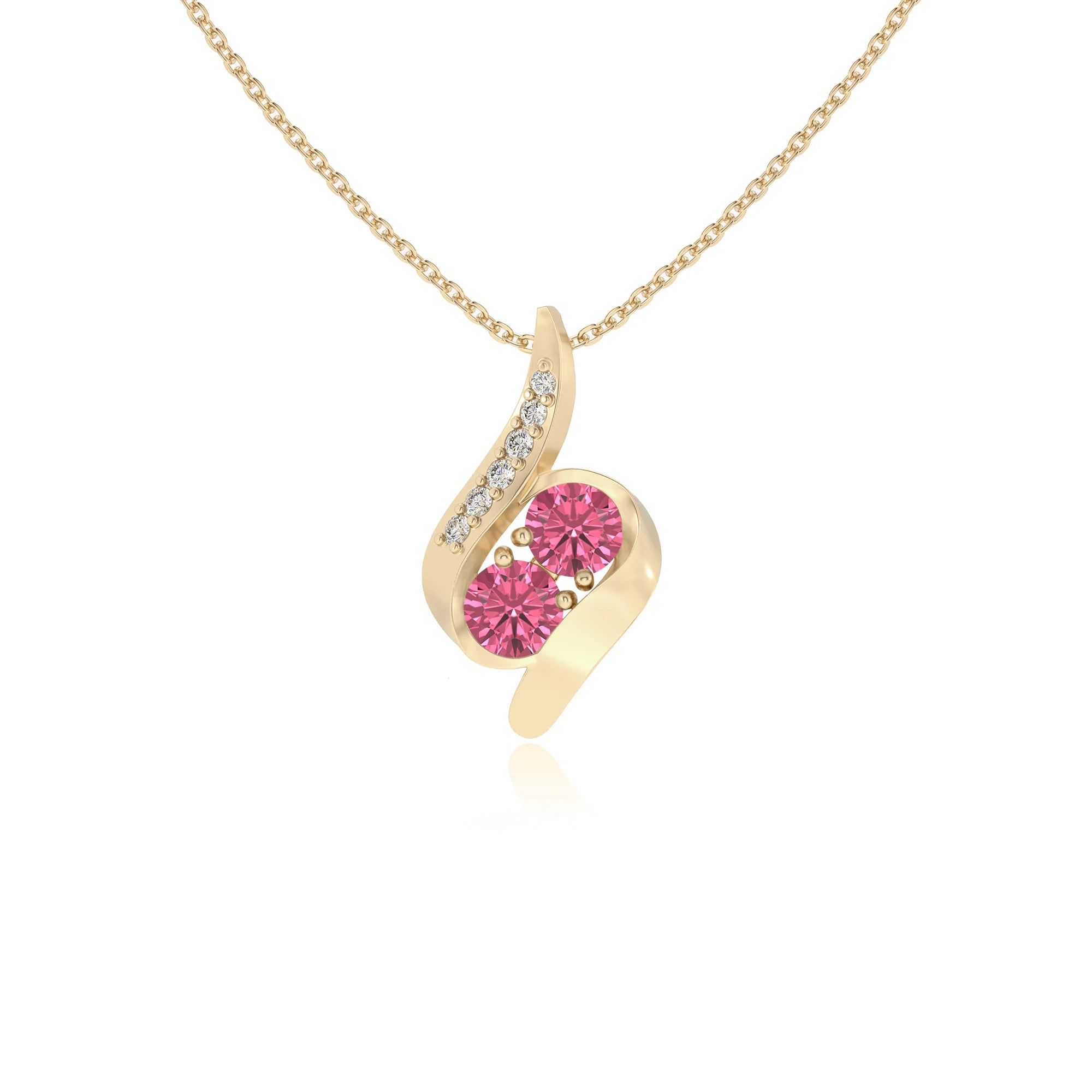 lab grown pink-tourmaline round solitaire v-bale necklaces in yellow gold