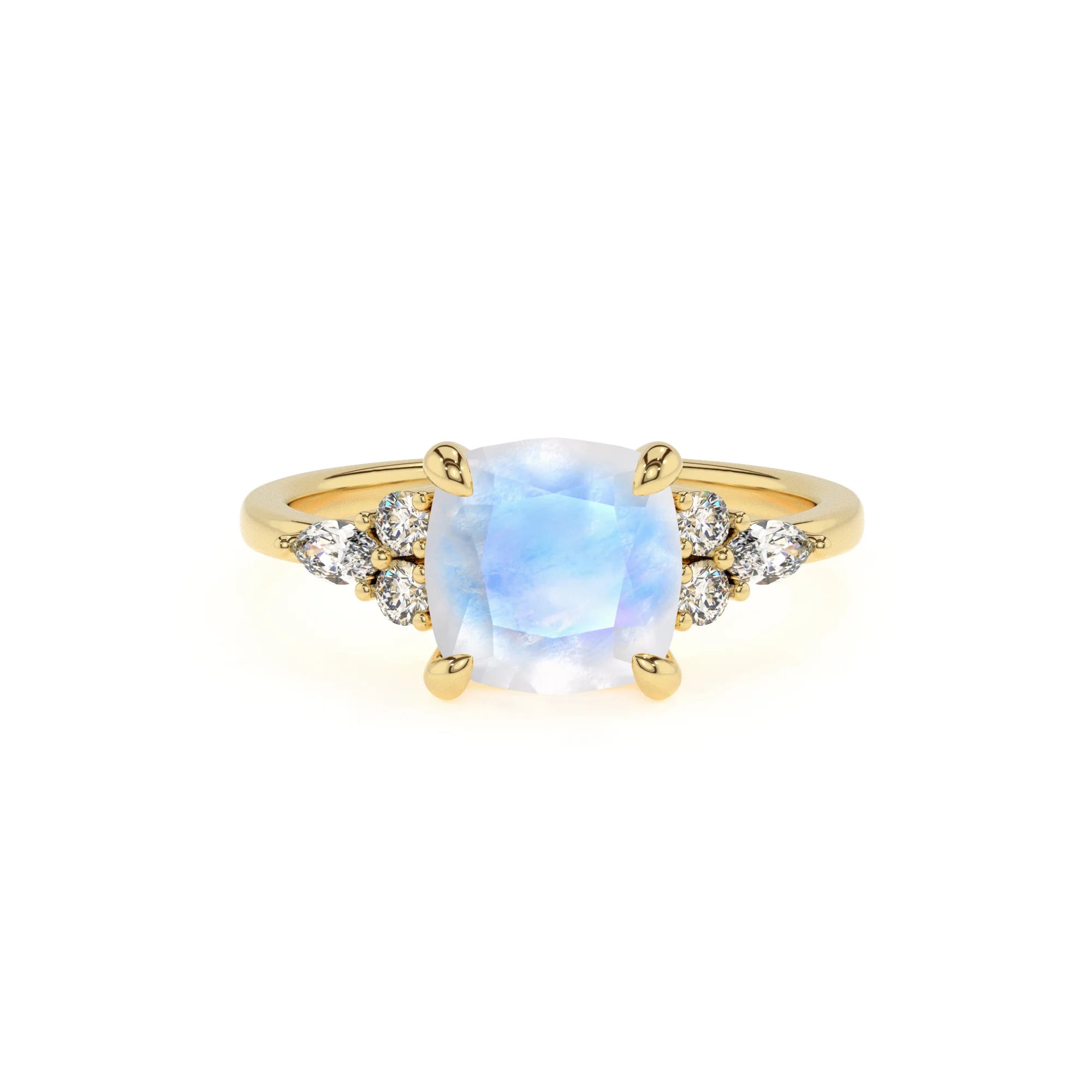 natural rainbow-moonstone cushion solitaire rings in yellow gold