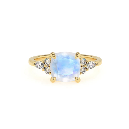 natural rainbow-moonstone cushion solitaire rings in yellow gold