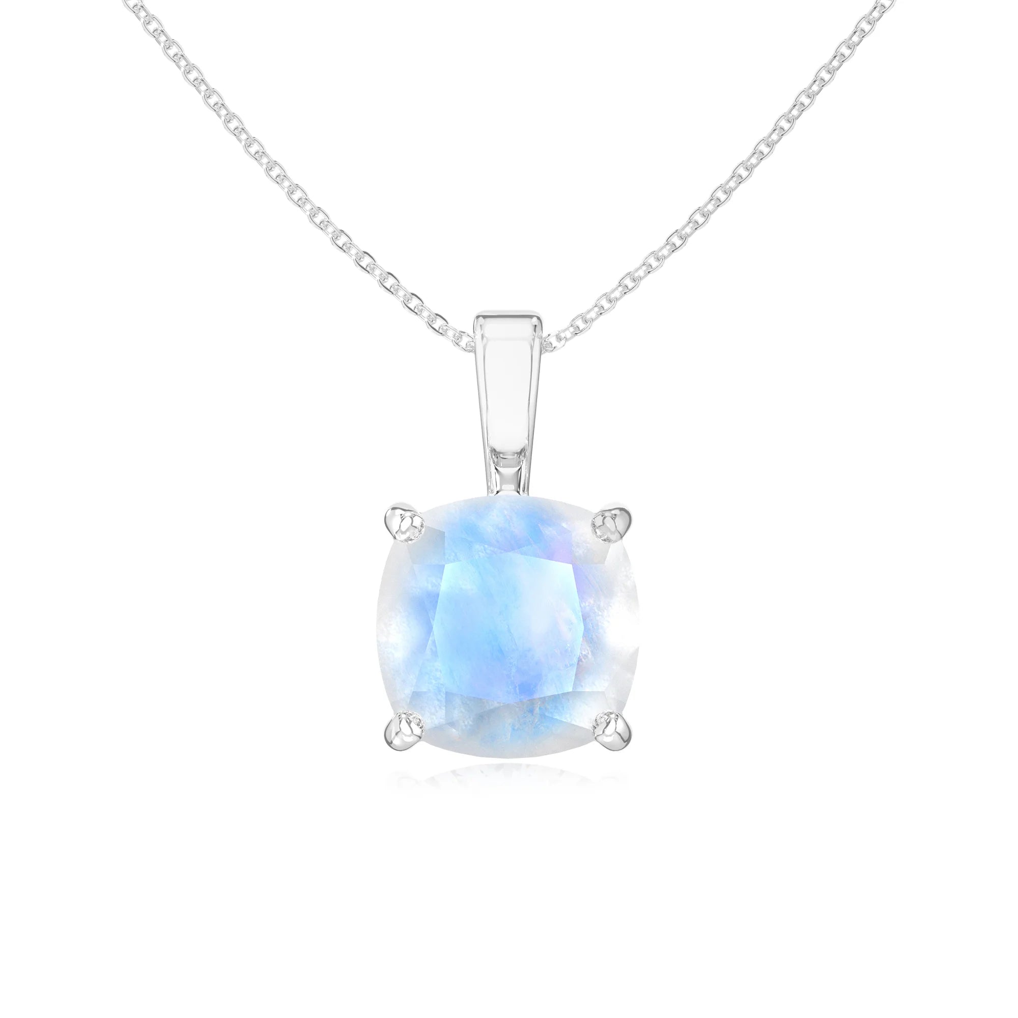natural rainbow-moonstone cushion solitaire necklaces in white gold