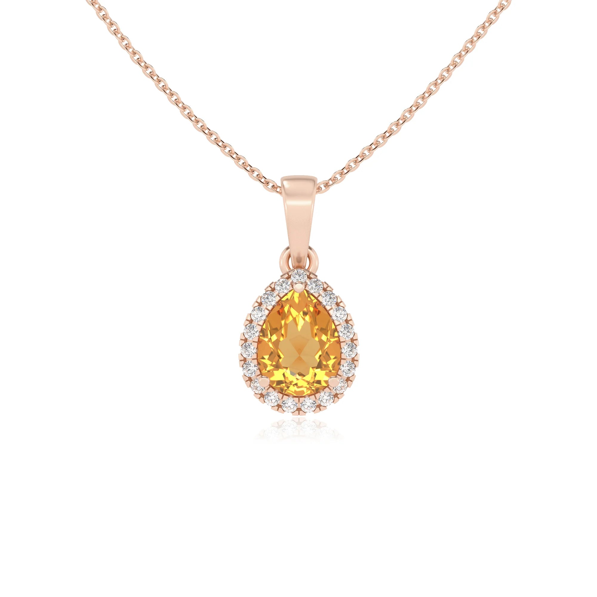 lab grown citrine pear solitaire necklaces in rose gold