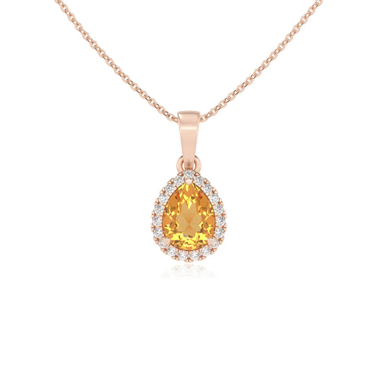 lab grown citrine pear solitaire necklaces in rose gold