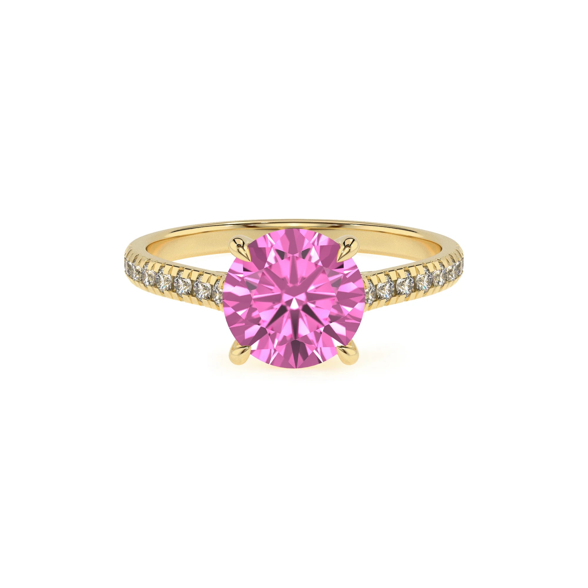 lab grown pink-sapphire round half eternity solitaire engagement rings in yellow gold
