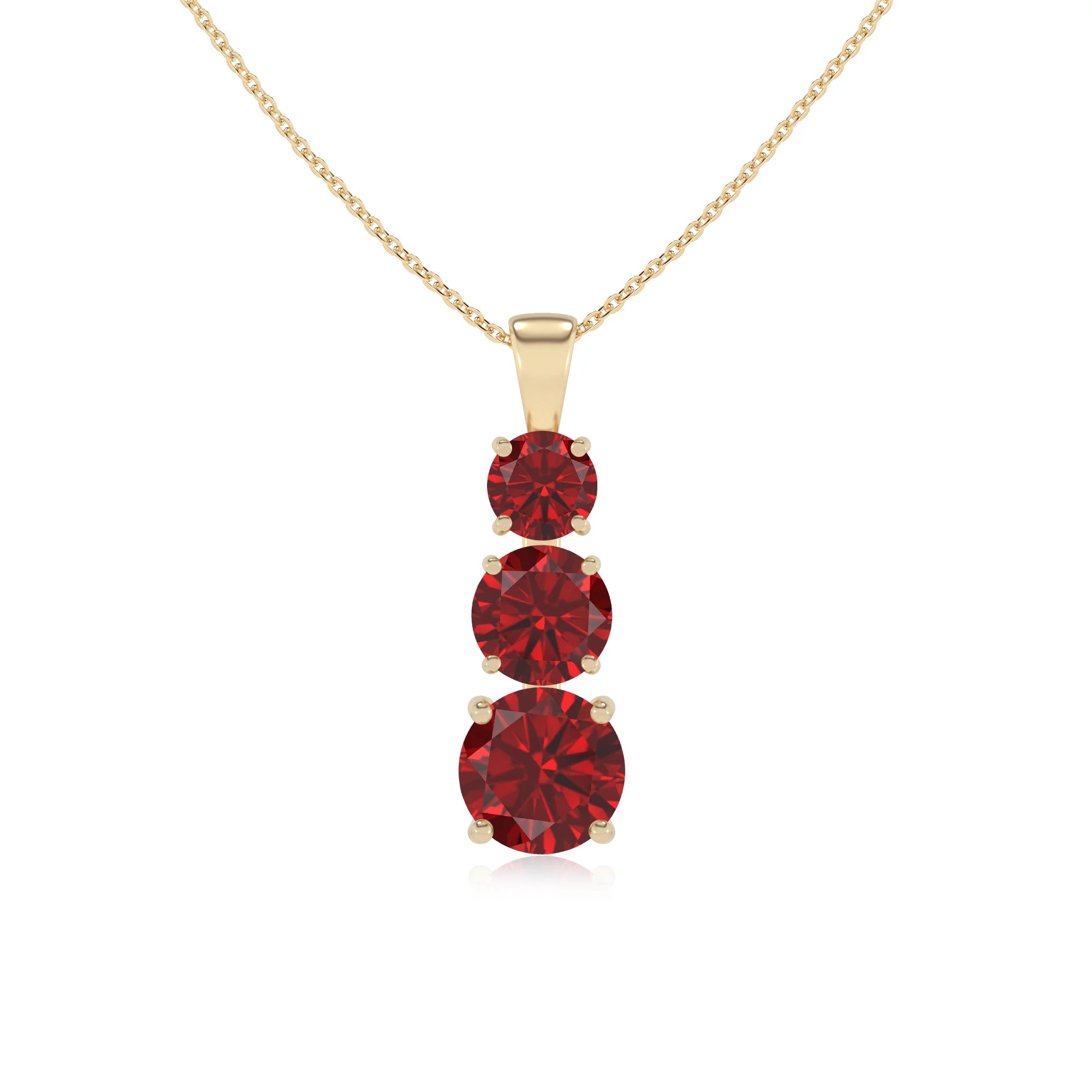lab grown ruby round bar v-bale necklaces in yellow gold