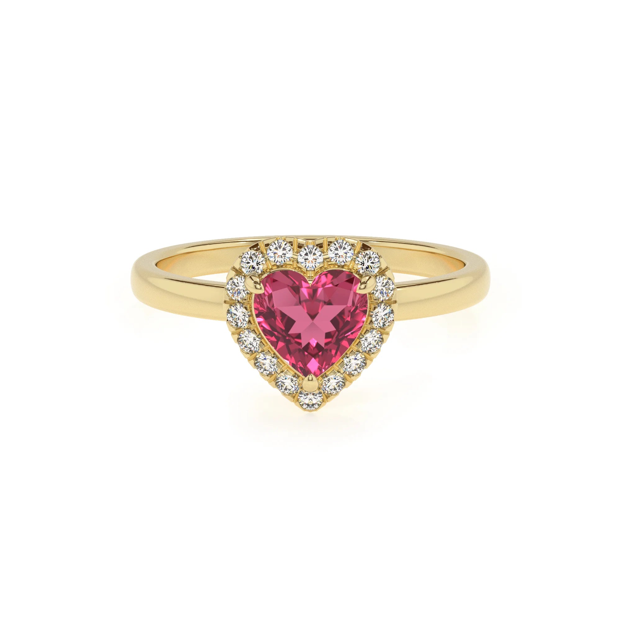 lab grown pink-tourmaline heart solitaire rings in yellow gold