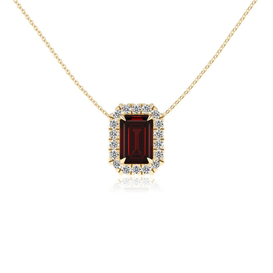 natural garnet emerald cut solitaire necklaces in yellow gold
