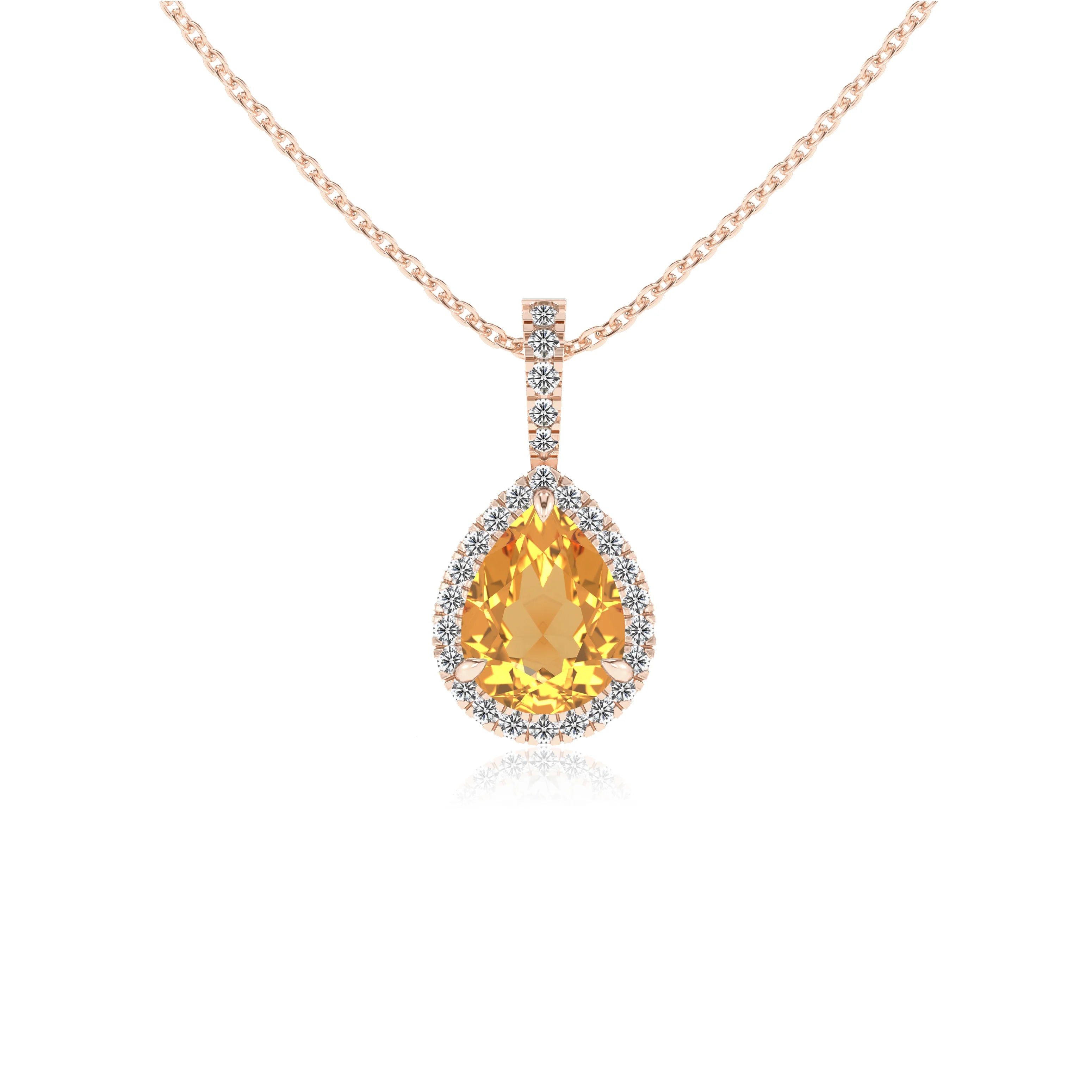 lab grown citrine pear solitaire necklaces in rose gold