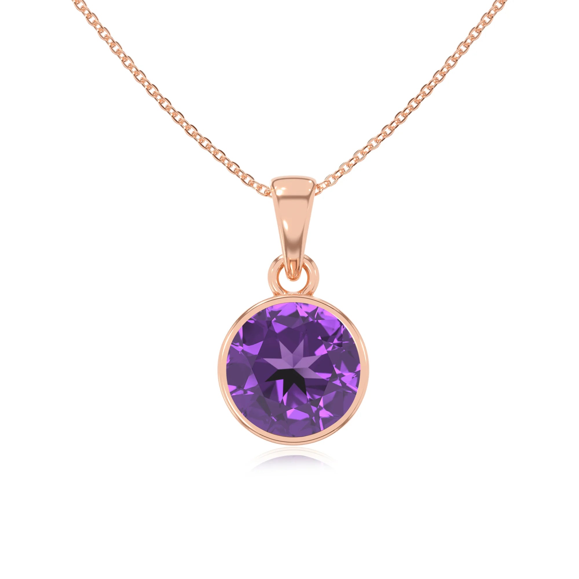 lab grown amethyst round solitaire necklaces in rose gold