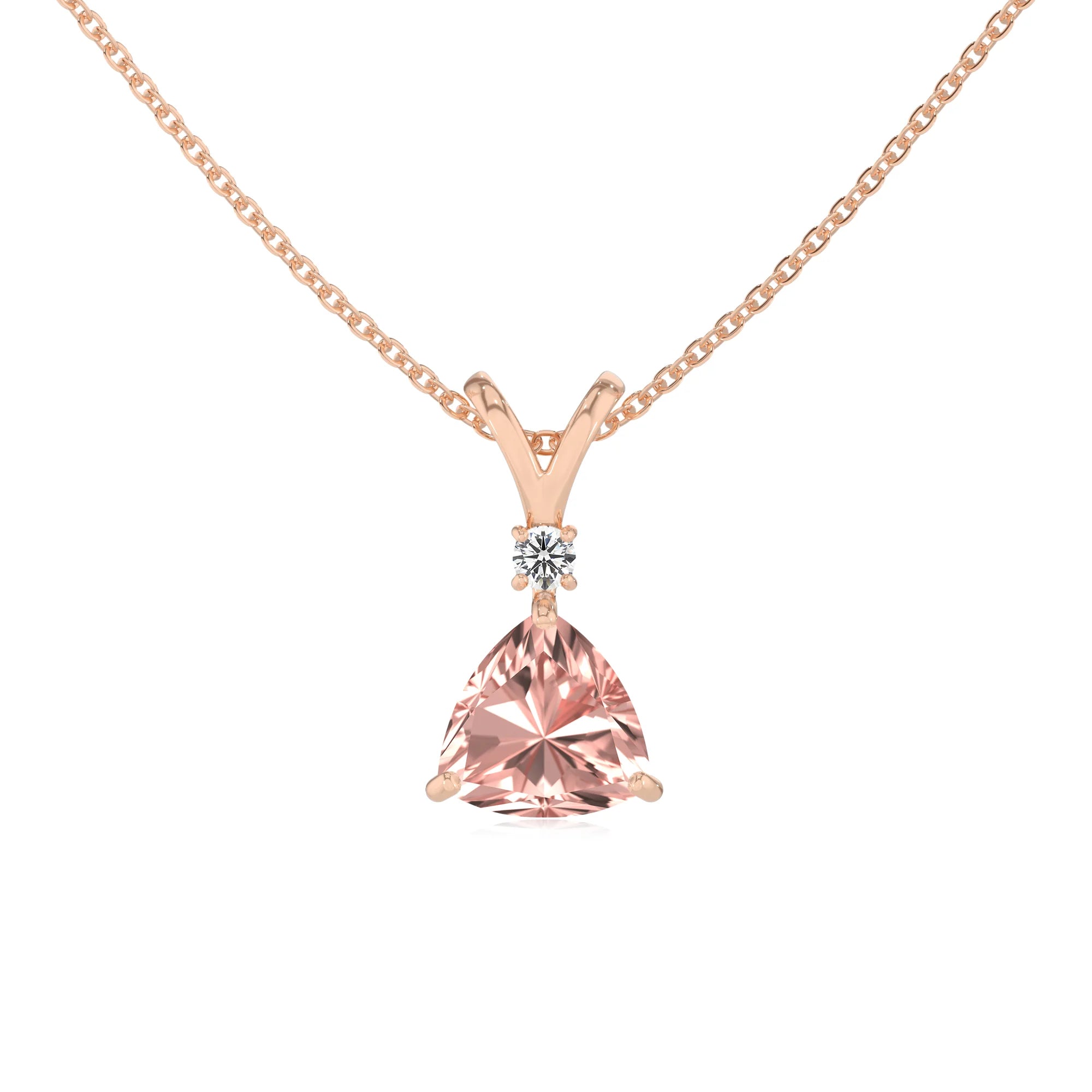 lab grown morganite trillion solitaire v-bale necklaces in rose gold