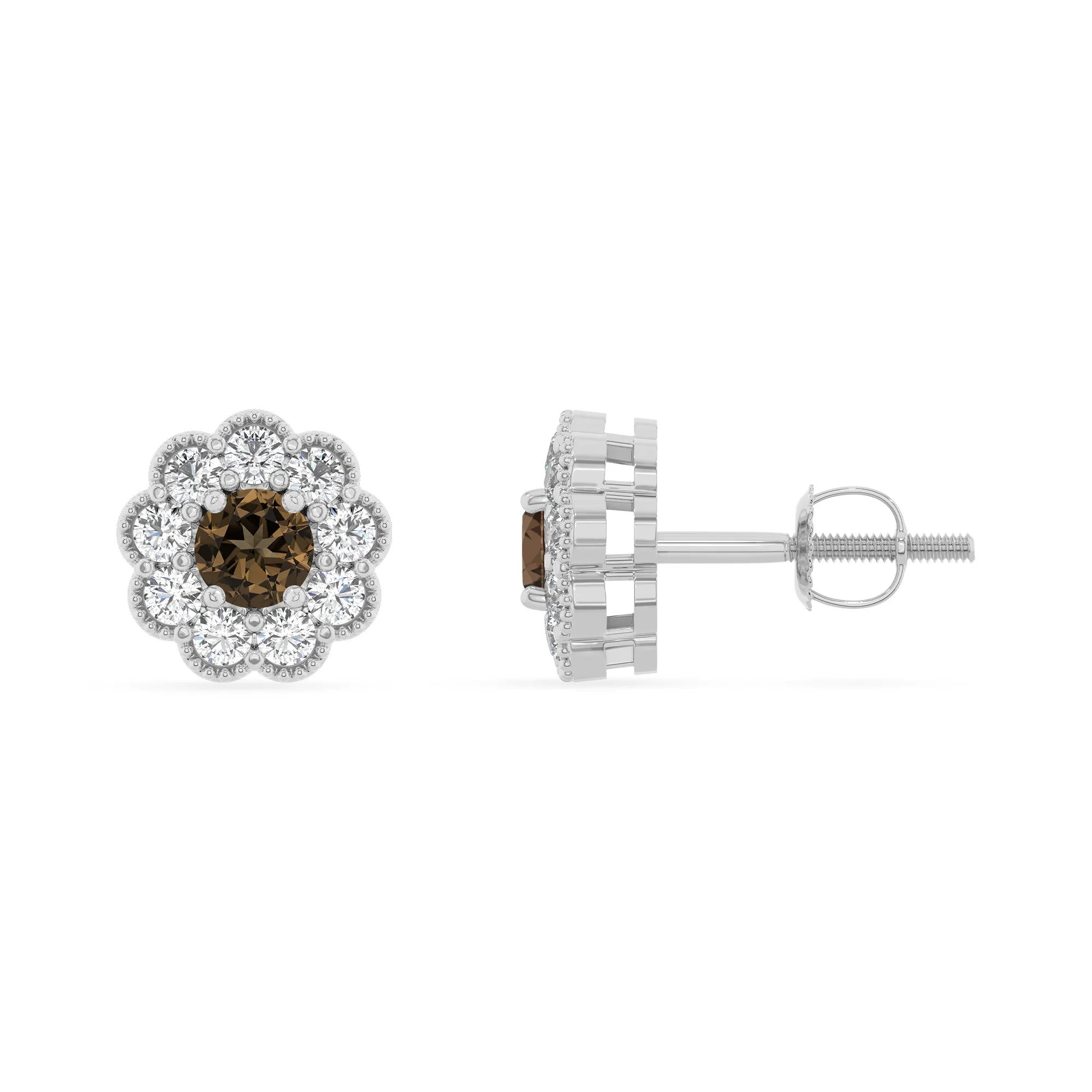 natural smoky quartz round stud earrings in white gold