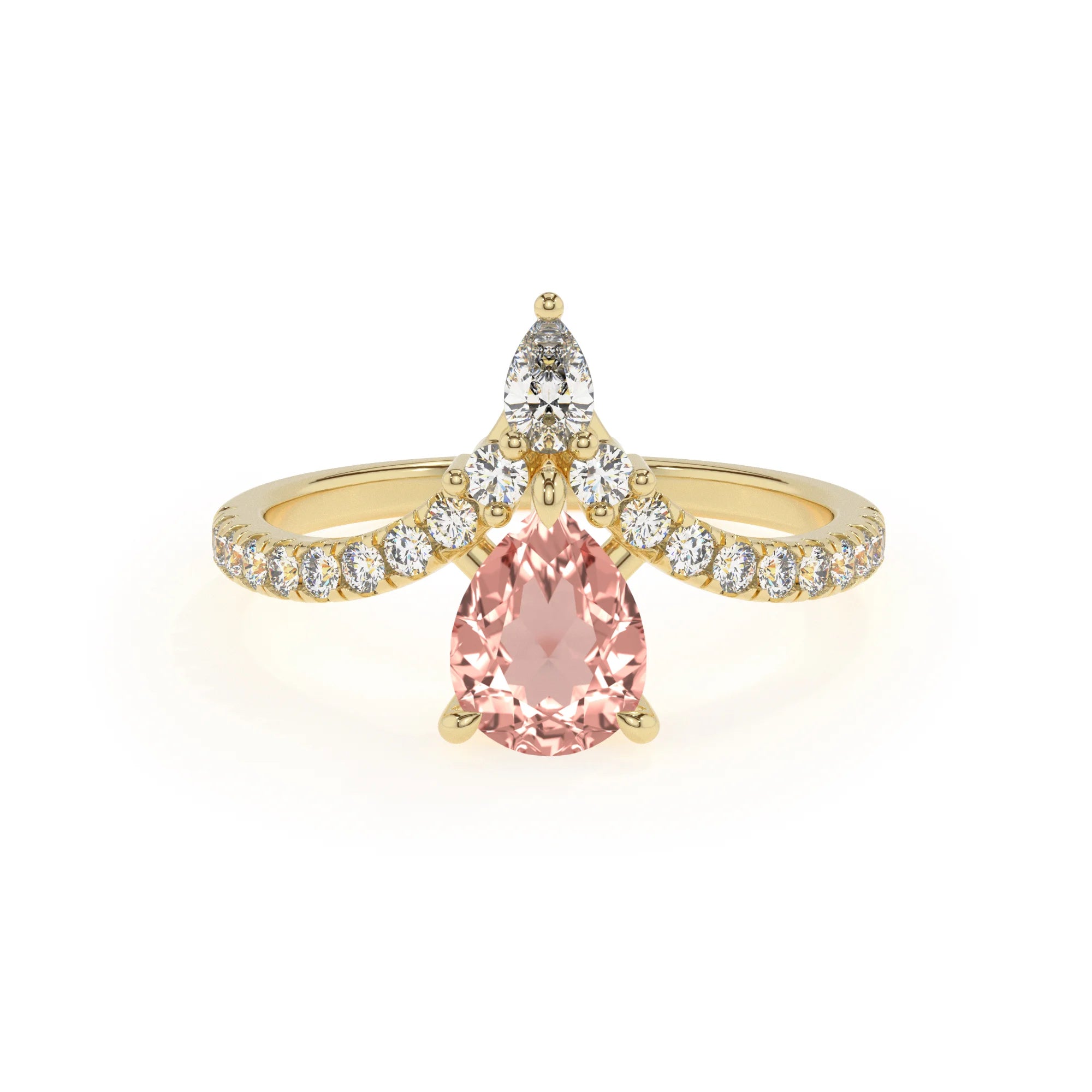lab grown morganite pear solitaire rings in yellow gold