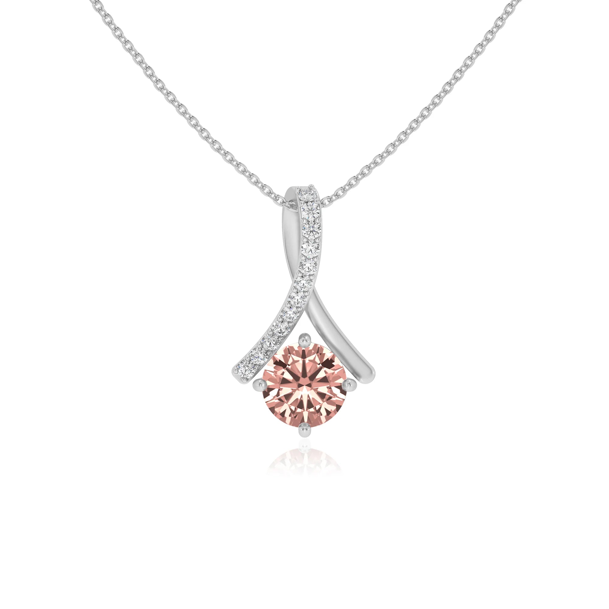 lab grown morganite round solitaire necklaces in white gold