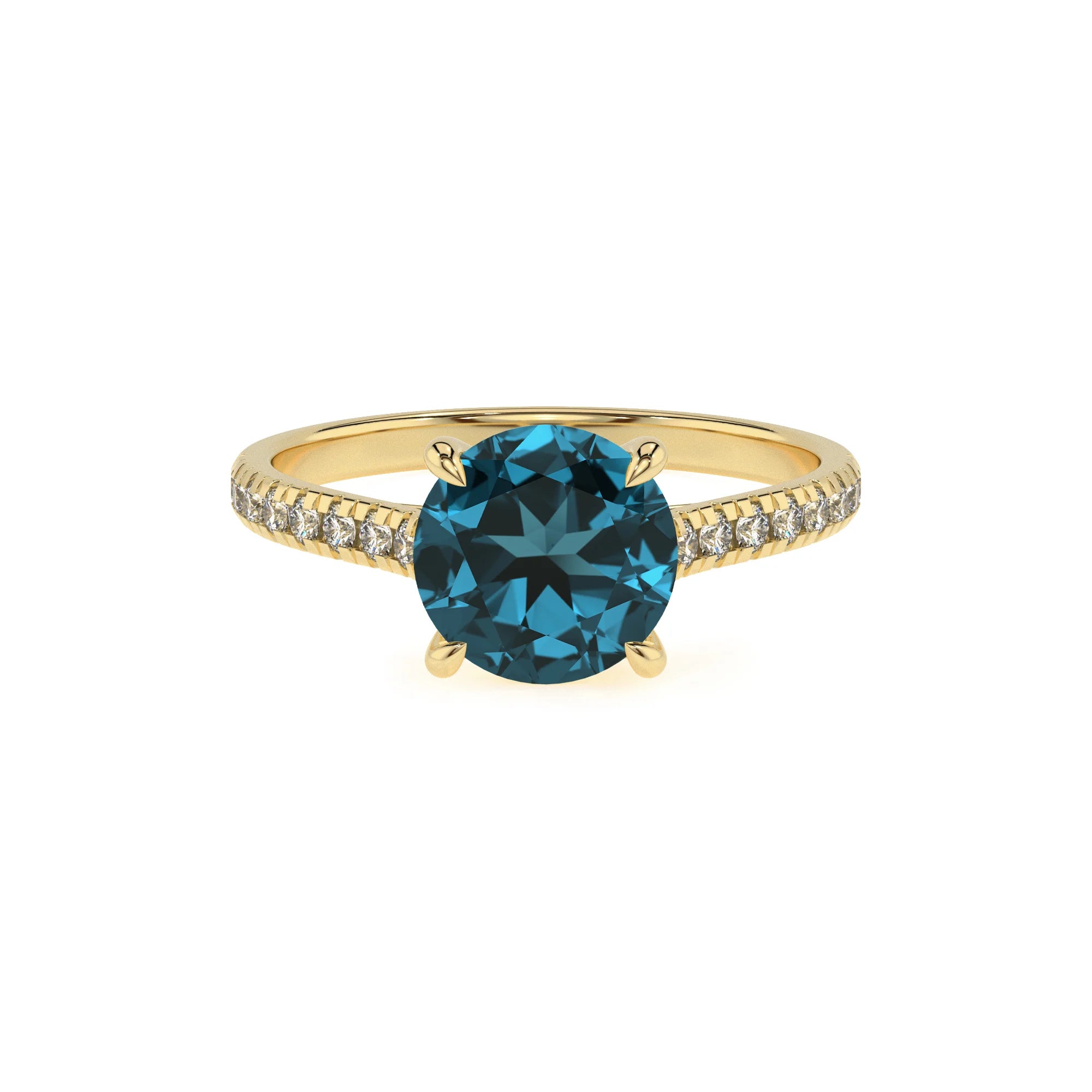 natural london-blue-topaz round half eternity solitaire engagement rings in yellow gold