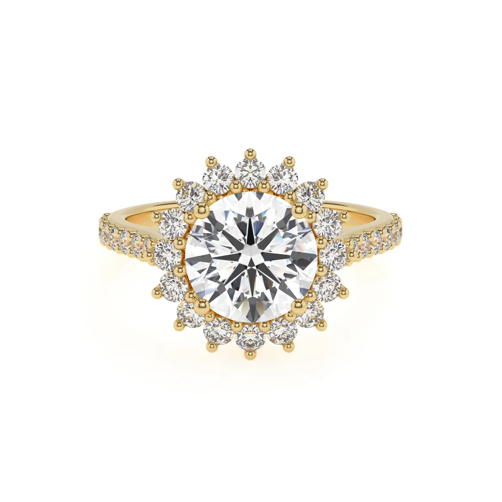 lab grown moissanite round solitaire rings in yellow gold