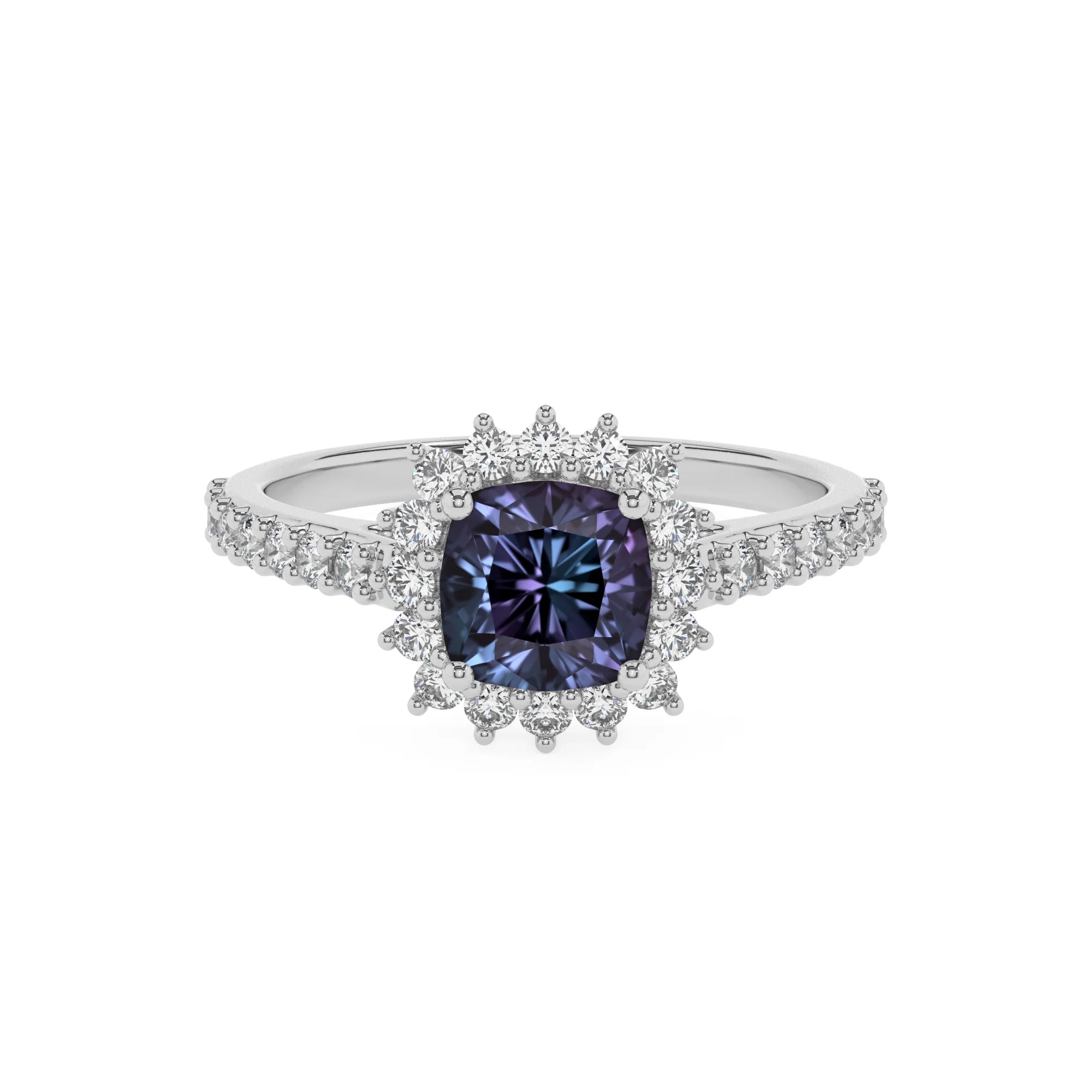 lab grown alexandrite cushion solitaire rings in platinum