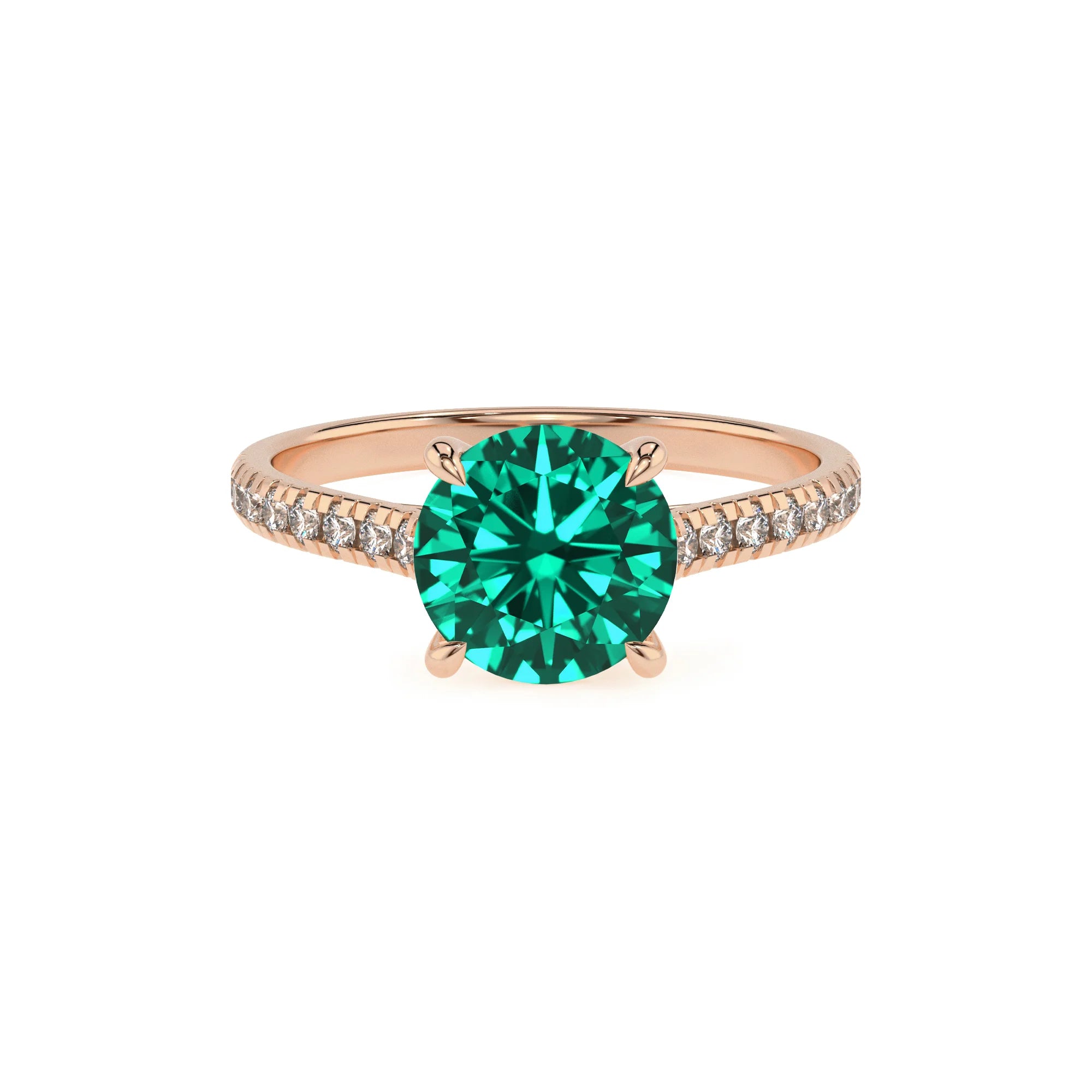 lab grown emerald round half eternity solitaire engagement rings in rose gold