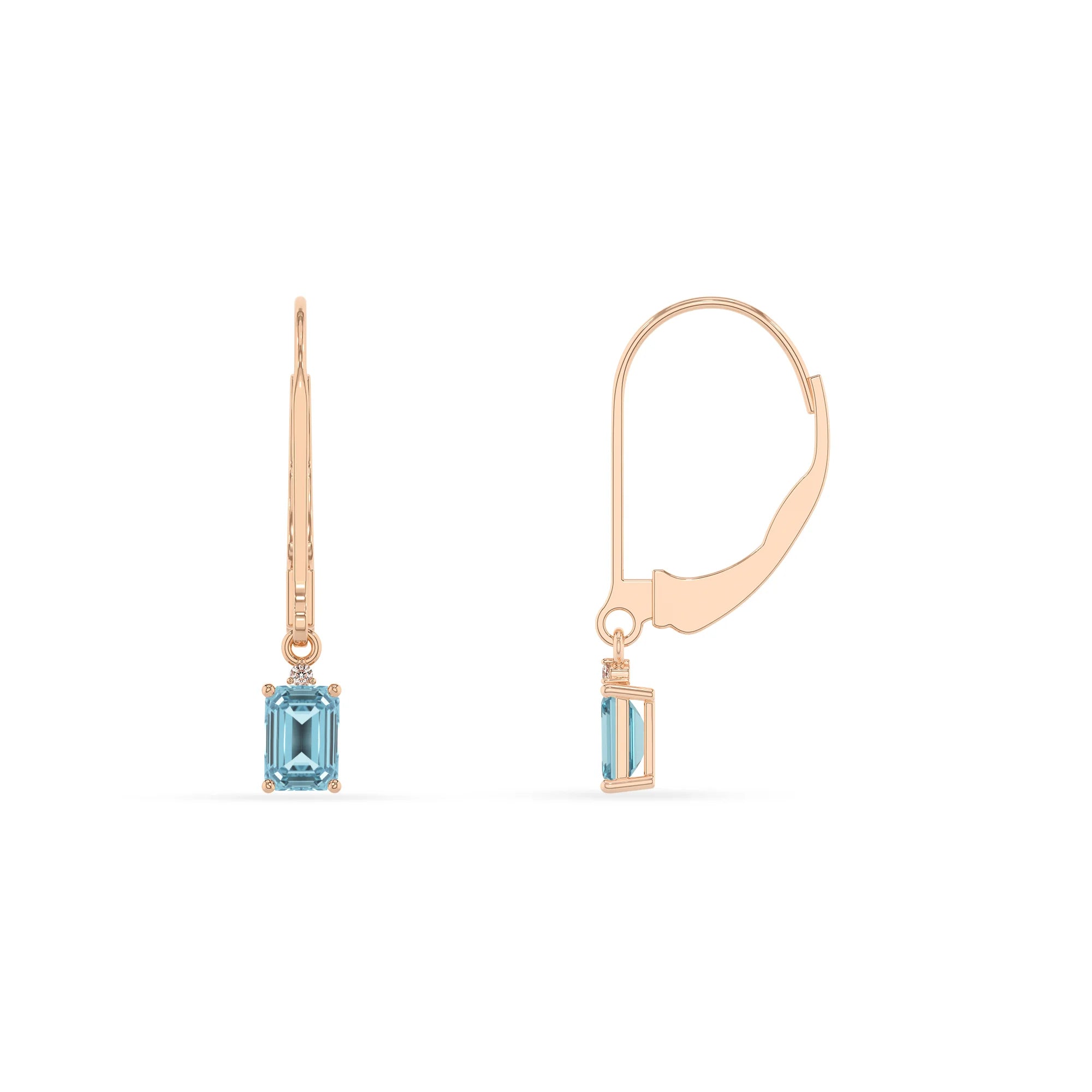 lab grown aquamarine emerald cut drop earrings in rose gold