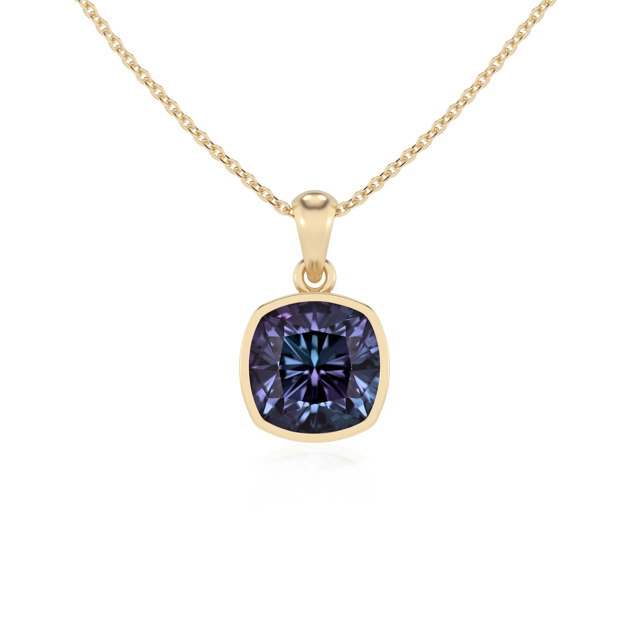 lab grown alexandrite cushion solitaire necklaces in yellow gold