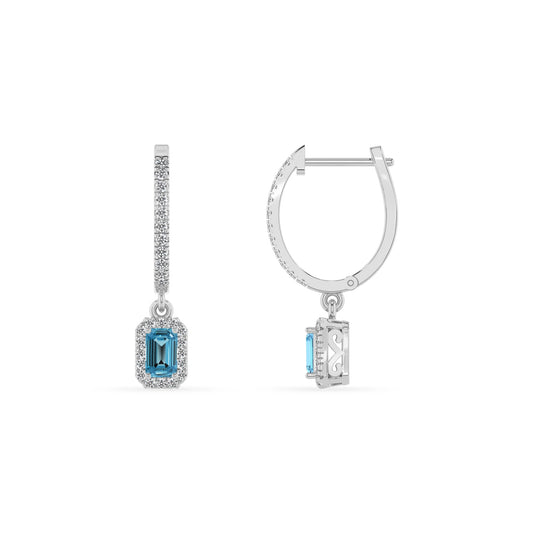 natural swiss blue topaz emerald cut drop earrings in platinum