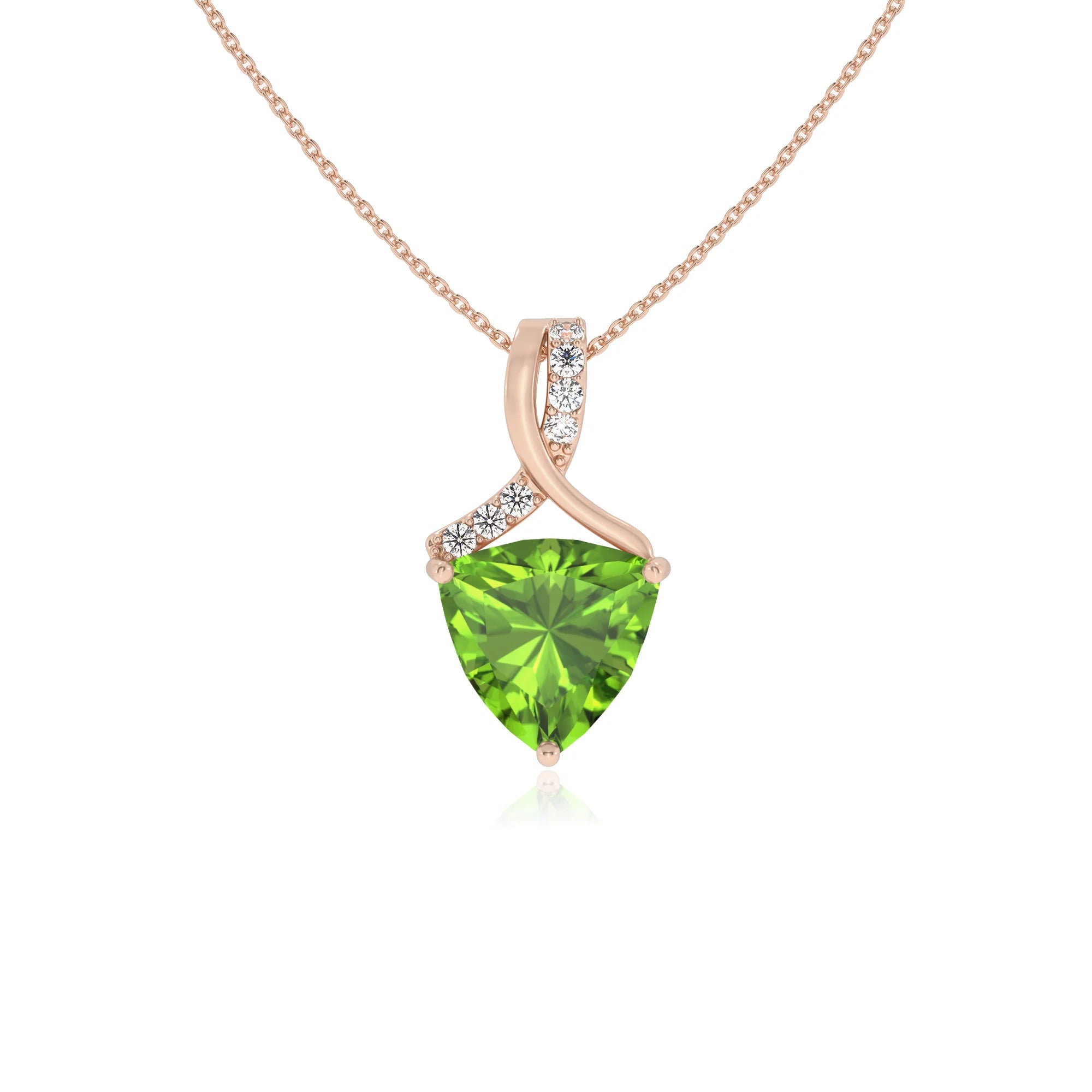 natural peridot trillion solitaire necklaces in rose gold