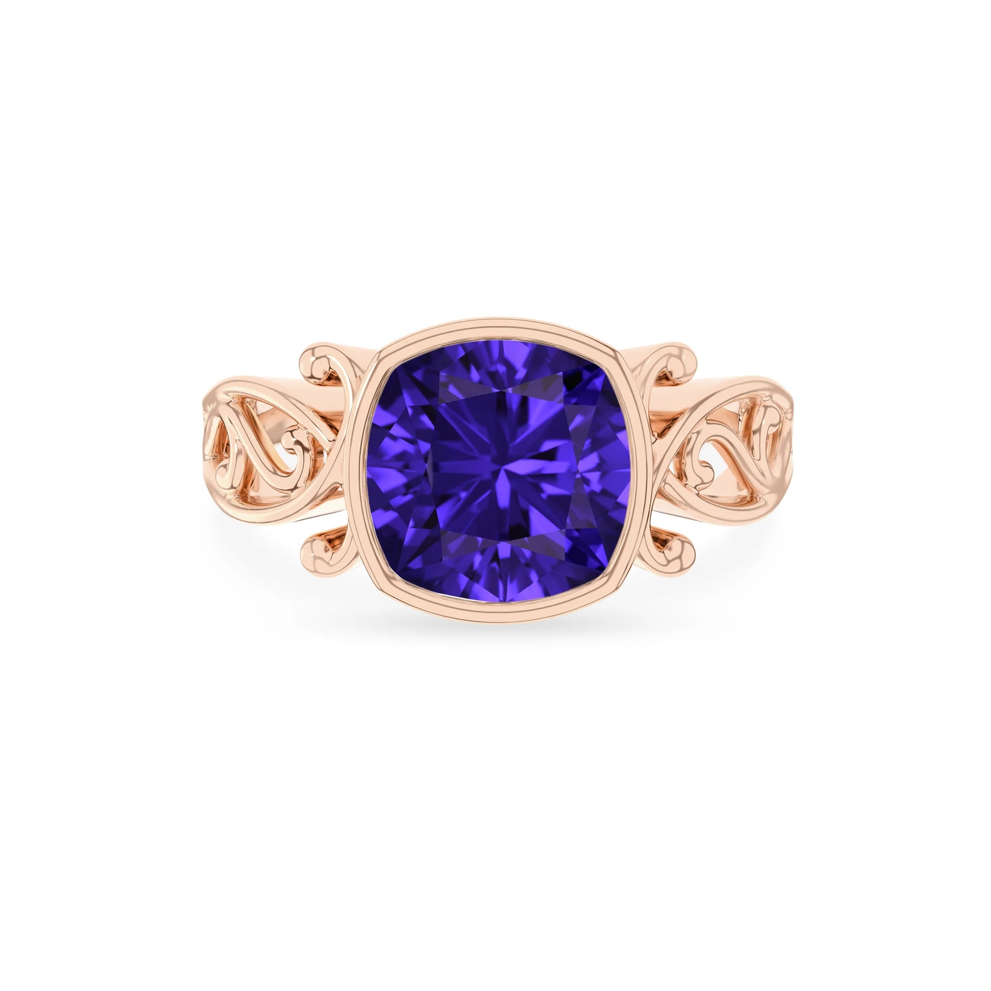 lab grown tanzanite cushion solitaire rings in rose gold