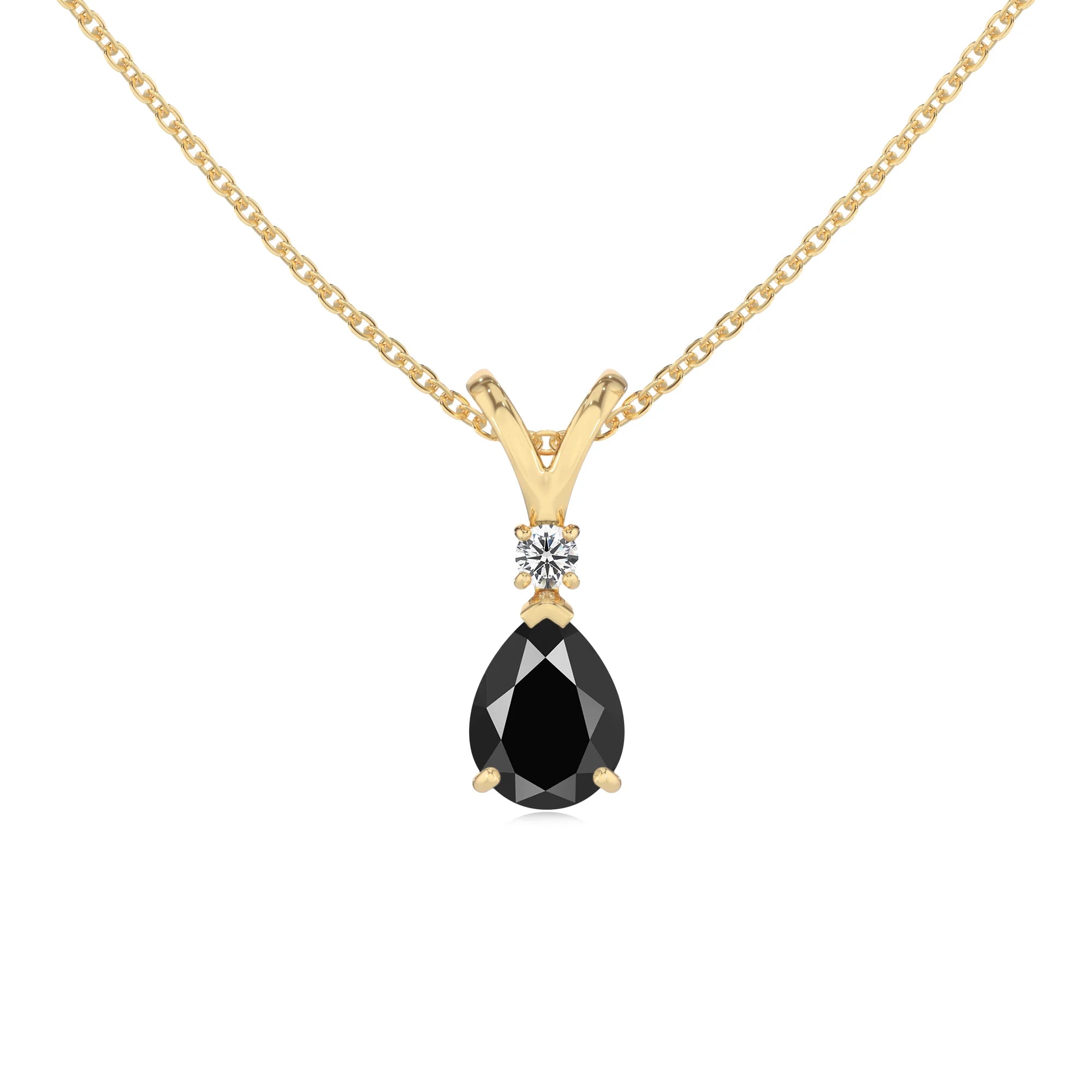 natural black-onyx pear solitaire v-bale necklaces in yellow gold