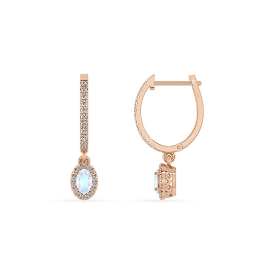 natural rainbow moonstone oval drop earrings in rose gold