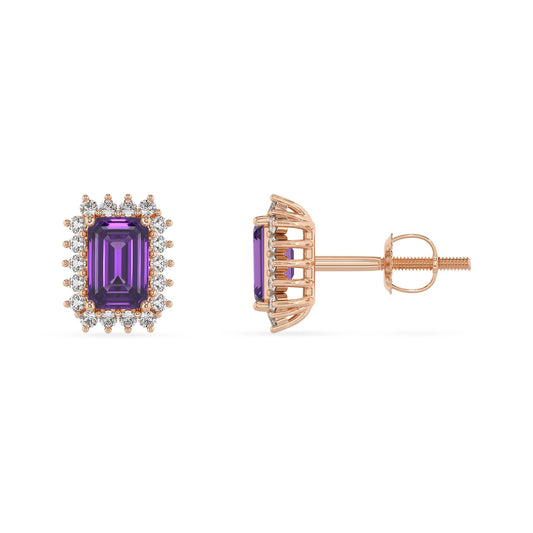 lab grown amethyst emerald cut stud earrings in rose gold