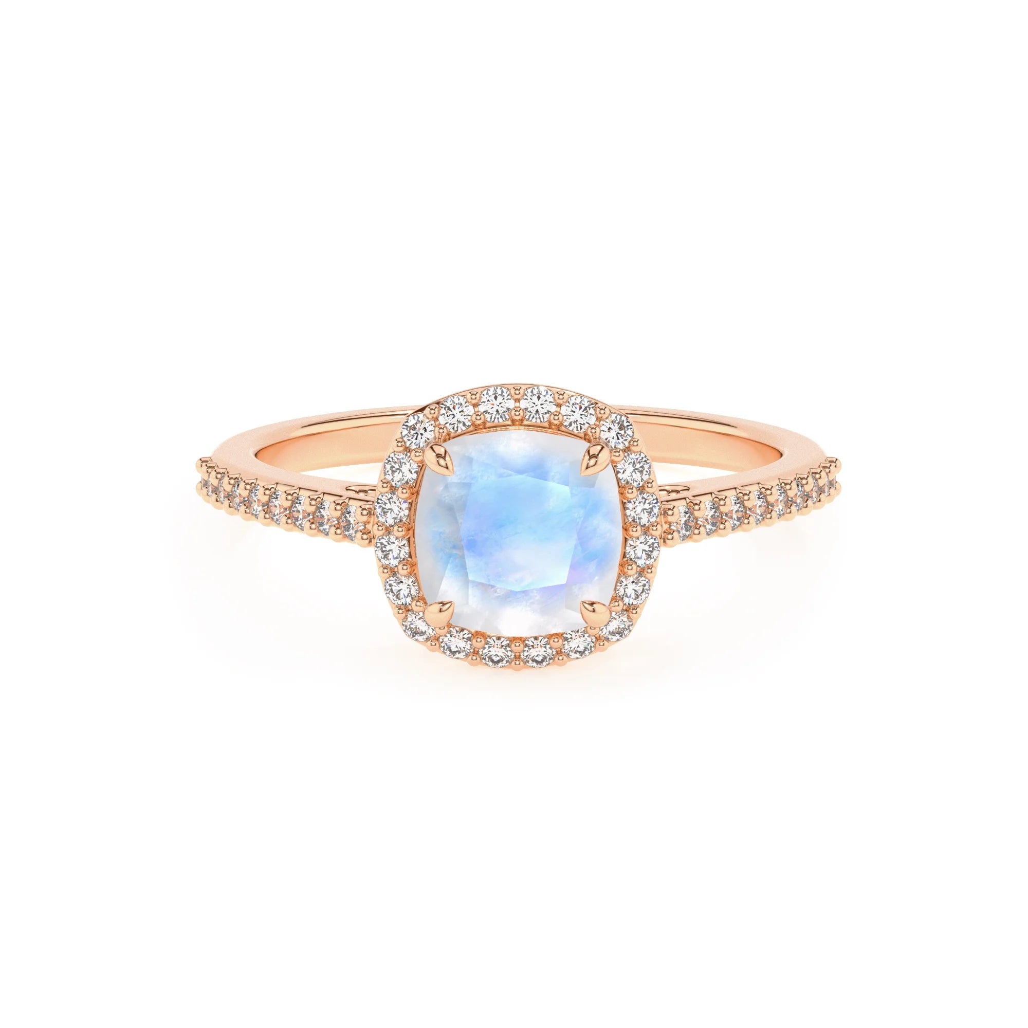natural rainbow-moonstone cushion solitaire rings in rose gold